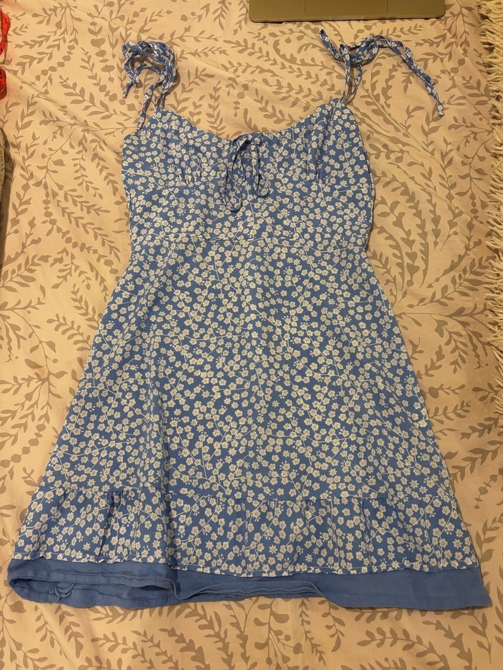Light blue and white floral milkmaid dress
